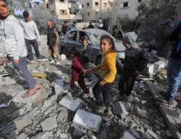 Palestinians inspect the wreckage of the El-Qahwagy family home following an Israeli attack in Deir El-Balah, Gaza on February 12, 2024. (Photo: Naaman Omar/APA Images)