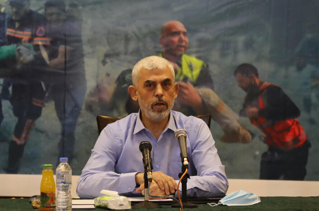 Yahya Sinwar, leader of the Palestinian Hamas movement, attends a press conference in Gaza City on May 26, 2021. (Photo by Ashraf Amra/APA Images)