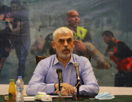 Yahya Sinwar, leader of the Palestinian Hamas movement, attends a press conference in Gaza City on May 26, 2021. (Photo by Ashraf Amra/APA Images)