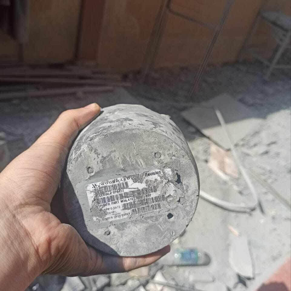 Photo shared on social media of part of a missile found in Gaza with identification it was manufactured by Woodward. (Photo: Twitter/tnega74)