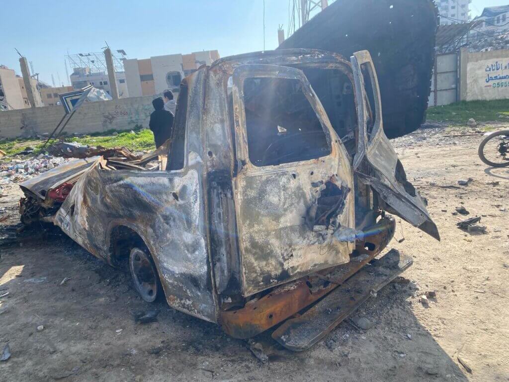 The Palestine Red Crescent ambulance that was bombed by Israel in the Tal al-Hawa area of Gaza City, resulting in the killing of crew members Yusuf Zeino and Ahmed Al-Madhoun, who had been missing since a rescue mission for the child Hind Rajab 12 days ago. (Photo: Palestine Red Crescent)