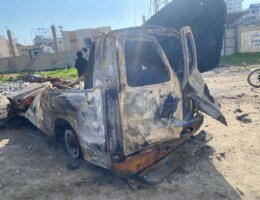 The Palestine Red Crescent ambulance that was bombed by Israel in the Tal al-Hawa area of Gaza City, resulting in the killing of crew members Yusuf Zeino and Ahmed Al-Madhoun, who had been missing since a rescue mission for the child Hind Rajab 12 days ago. (Photo: Palestine Red Crescent)