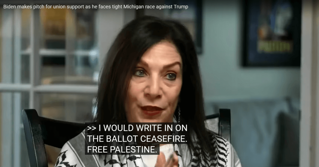 NBC’s Gabe Gutierrez interviewed a 2020 Biden voter from Michigan, Lori-Kamleh Ajlouny, who said she won’t vote for President Joe Biden in ’24 due to his support for genocide. Screenshot, Feb. 1, 2024.