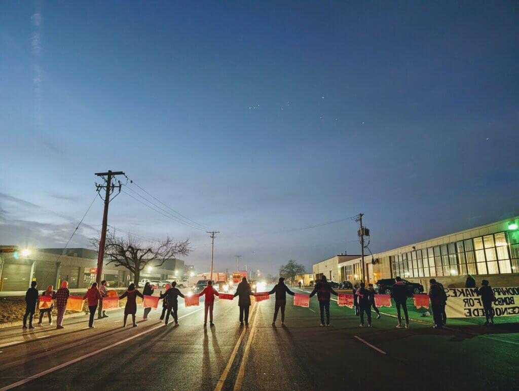 Protesters block the Woodward MPC manufacturing facility in Niles, Illinois, February 7, 2024. (Photo: Instagram/@jeegheel)
