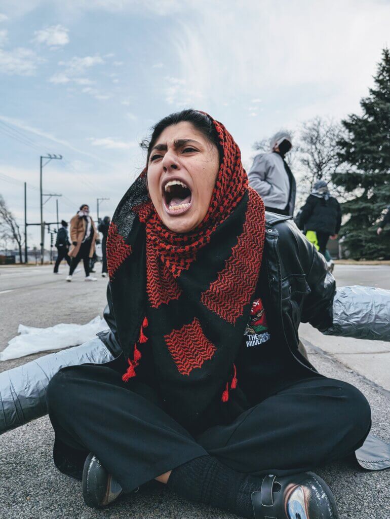 A protester blocking the Woodward MPC manufacturing facility in Niles, Illinois, February 7, 2024. (Photo: Instagram/@jeegheel)