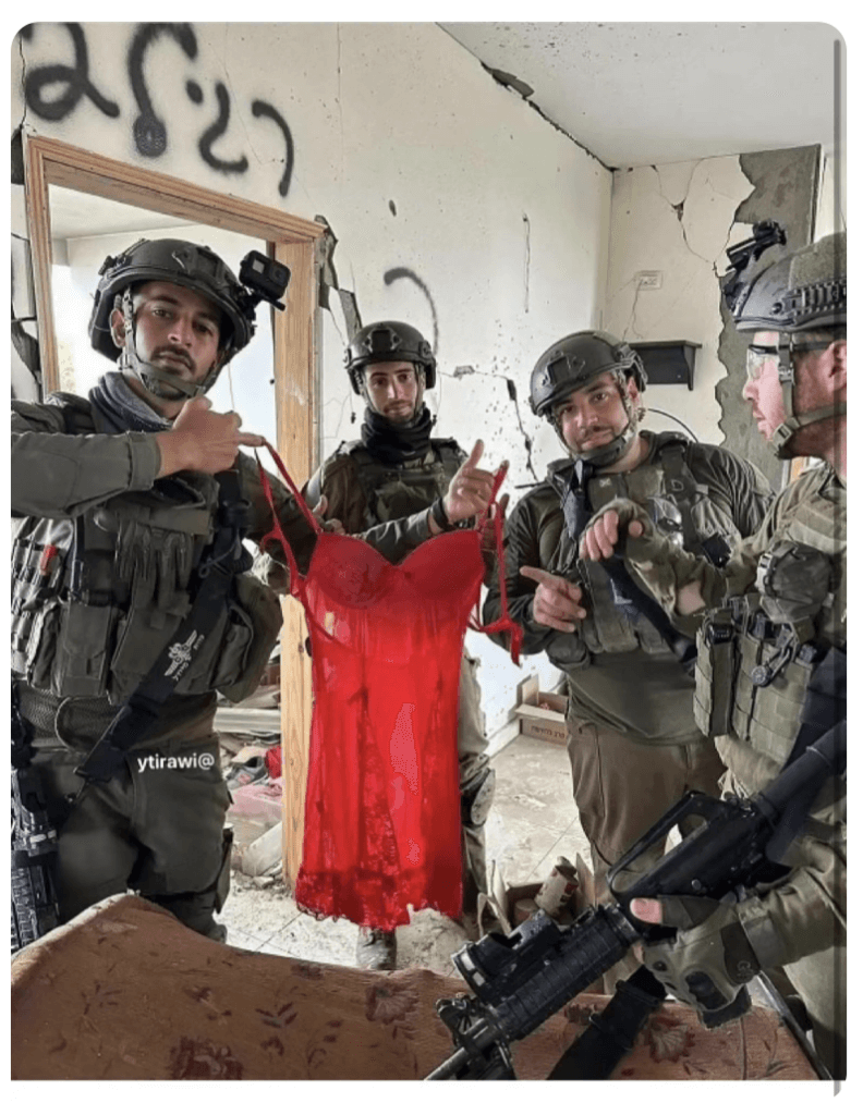Heavily armed Israeli soldiers posing with lingerie of Palestinian women in destroyed homes in Gaza. Photo: Social Media.