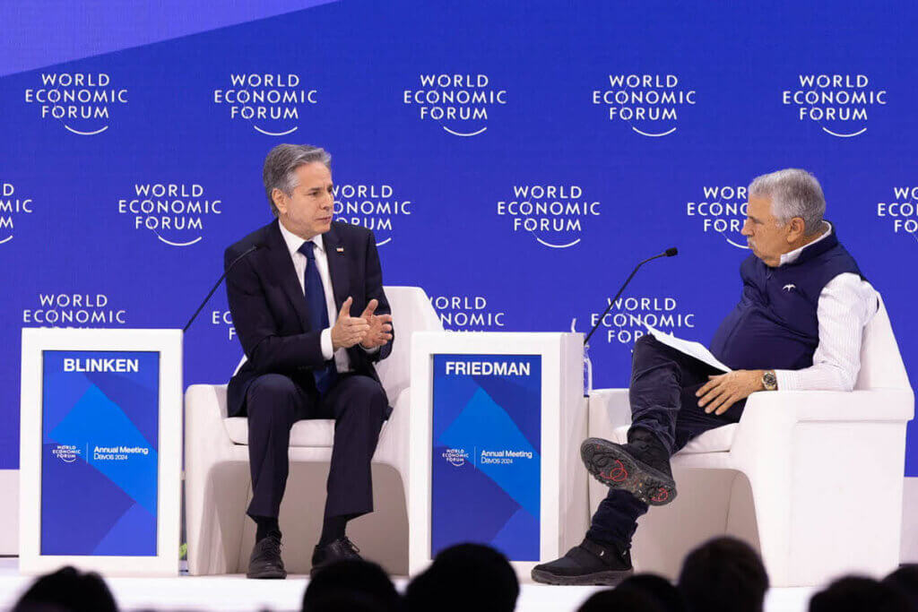 Secretary Antony J. Blinken participates in a moderated conversation with Tom Friedman at the World Economic Forum in Davos, Switzerland, January 17, 2024. (Official State Department photo by Chuck Kennedy)