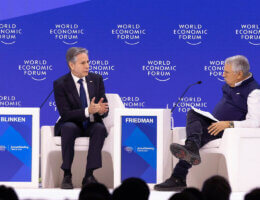 Secretary Antony J. Blinken participates in a moderated conversation with Tom Friedman at the World Economic Forum in Davos, Switzerland, January 17, 2024. (Official State Department photo by Chuck Kennedy)