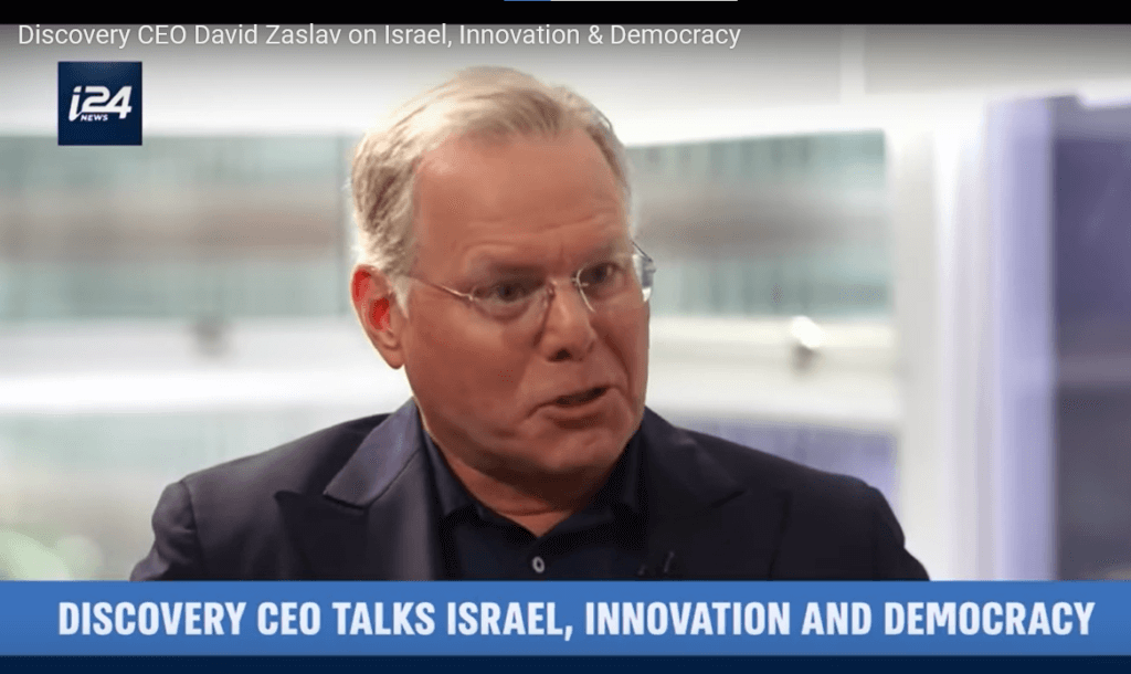 David Zaslav on Israeli tv i24 in 2020. He was then the head of Discovery and is now the CEO of Warner Discovery, which owns CNN. Screenshot.