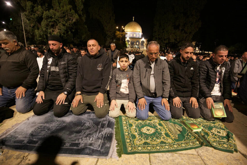 Muslims who managed to enter the Al-Aqsa Mosque are seen performing tarawih and night prayers during holy month of Ramadan in Jerusalem on March 17, 2024. (Photo: Department of Islamic Awqaf in Jerusalem/APA Images)