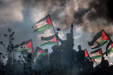 Protesters in Gaza demonstrate along the Gaza fence against the Israeli commemoration of 'Jerusalem Day' which celebrates the capture and colonization of Jerusalem following the 1967 war, on May 18, 2023. (Photo: Mohammed Dahman/APA Images)