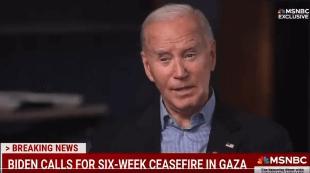 Joe Biden says Benjamin Netanyahu is "hurting" Israel in the eyes of the world by killing so many civilians in Gaza. Biden spoke to Jonathan Capehart of MSNBC on March 9, 2024. Screenshot.