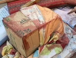 Photo of a blood-soaked box of flour shared by the Palestinian Mission to the United Nations to social media on February 29, 2024.