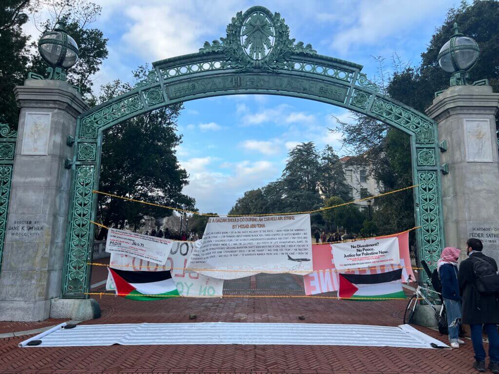Graduate Students for Justice in Palestine shut down UC Berkeley's Sather Gate with an installation of sound and banners.