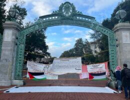 Graduate Students for Justice in Palestine shut down UC Berkeley's Sather Gate with an installation of sound and banners.