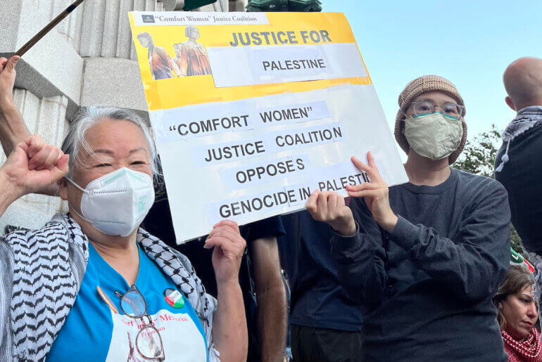 The "Comfort Women" Justice Coalition at the "Bay Area Emergency Protest: All Out For Gaza, No US AID For Genocide!" at SF Federal Building on Thursday, October 19, 2023. (Photo: Tomomi Kinukawa)