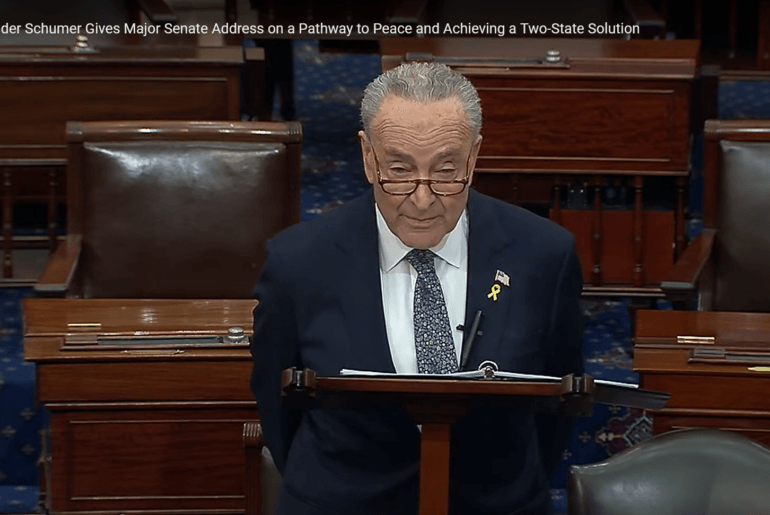 Chuck Schumer's historic speech to the Senate on March 14, 2024, stating that Netanyahu must go if Israel is not going to become a "pariah" state. Screenshot.