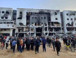 People inspect the ruins of al-Shifa Hospital in Gaza City, April 1, 2024. (Photo: Khaled Daoud /APA Images)
