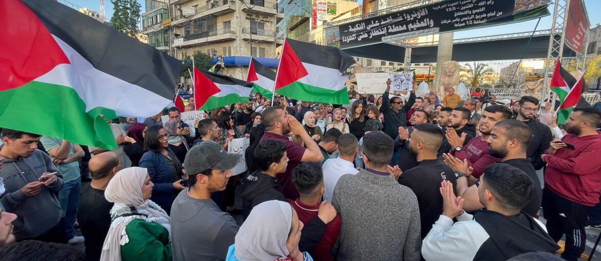 Ramallah demonstration during the May 2023 Israeli air campaign against Gaza. (Photo: Ahmad Arouri/APA Images)