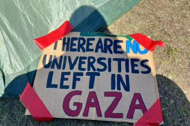A sign at the Gaza Solidarity Encampment at Columbia University, April 22, 2024. (Photo: Nancy Kricorian)