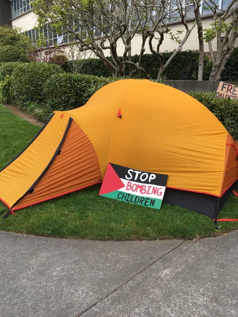 Students at California State Polytechnic University Humboldt (Cal Poly Humboldt) have been occupying a campus building since Monday, April 22 to protest the genocide in Gaza and university ties to Israel. (Photo: Janet Winston)