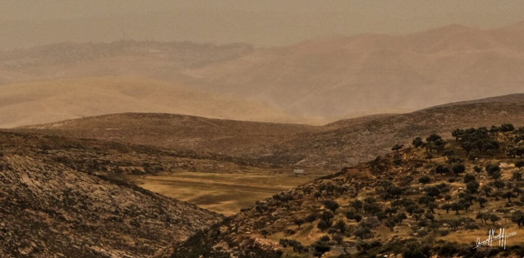 The hills of Rammun, one of east Ramallah’s villages. In the center, a vehicle driving on the ‘Allon road’ from north to south. In the background, Wadi Siq, from where Israeli settlers expelled 40 Bedouin families in October, and the eastern slopes. (Photo: Qassam Muaddi/Mondoweiss)