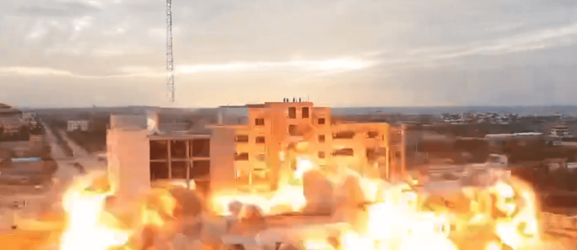 The Israeli army carries out the demolition of the Al-Israa University south of Gaza city on January 17, 2024. (Screenshot/twitter.com/BirzeitU)