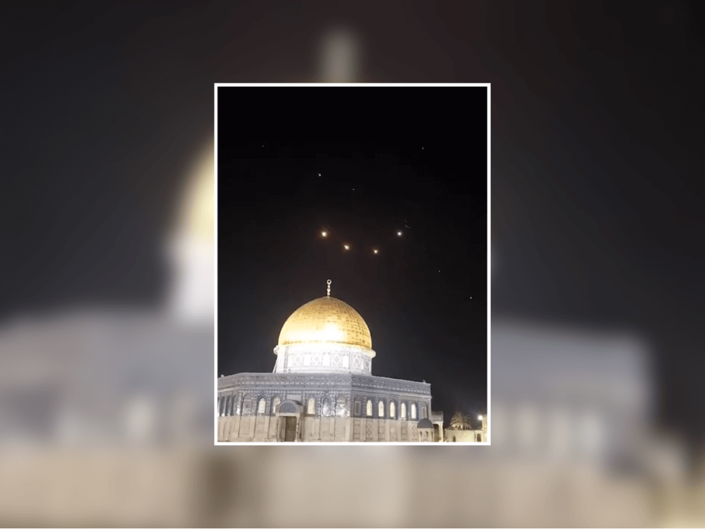 Screenshot from video taken at al-Aqsa Mosque compound of Iranian missiles intercepted above Jerusalem (Photo: Screenshot)