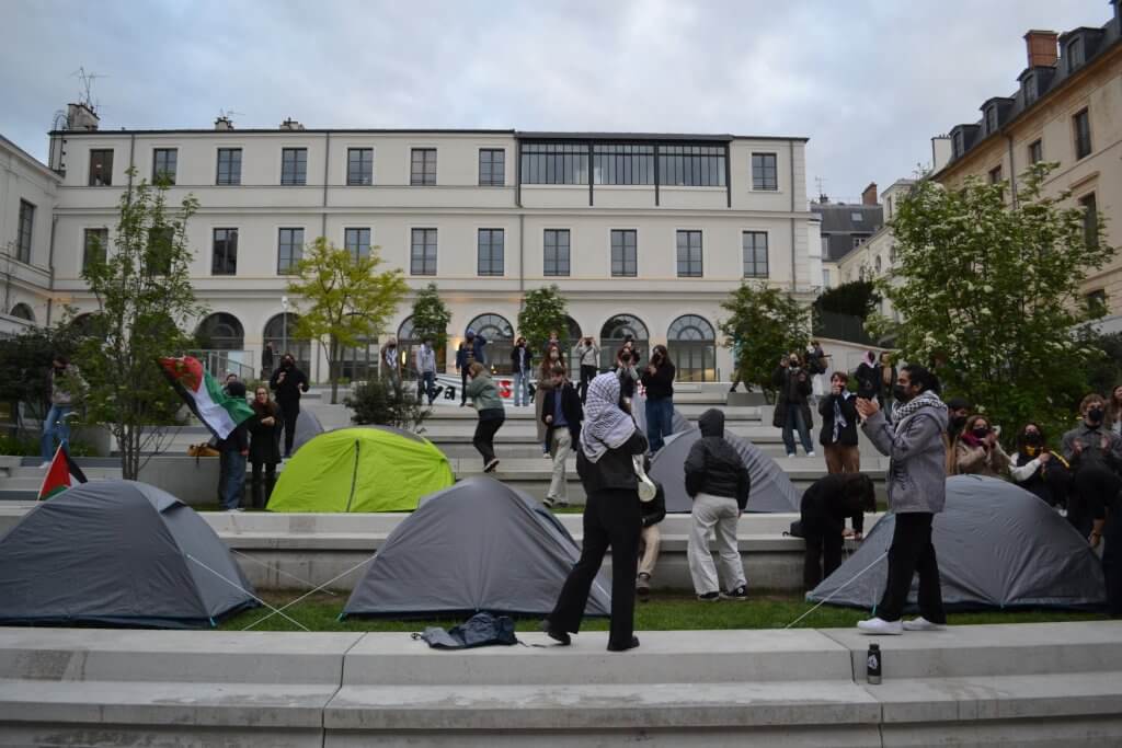 Students at Sciences Po Paris establishing the encampment for Palestine, on April 24, 2024. (Photo courtesy of the author)