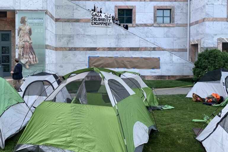 Image from the protest encampment at Emory University in Atlanta, where protesters are demanding an end to the genocide in Gaza and immediate divestment from Israel & “Cop City.” The Emory encampment joins a wave of other university encampments across the U.S., April 25, 2024. (Photo: Emory SCC)