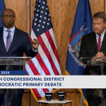 Rep. Jamaal Bowman (l) and challenger George Latimer, Westchester County Executive, face off in debate on May 13, 2024. Screenshot.