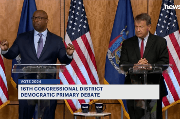 Rep. Jamaal Bowman (l) and challenger George Latimer, Westchester County Executive, face off in debate on May 13, 2024. Screenshot.