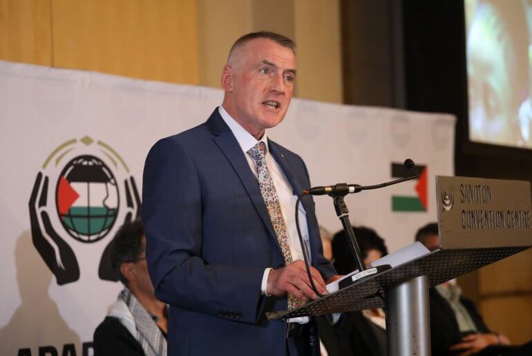 Sinn Féin’s National Chairperson Declan Kearney MLA addressing the ‘Global Anti-Apartheid Conference on Palestine’ in Johannesburg, South Africa on May 10, 2024. (Photo: Twitter/@sinnfeinireland)