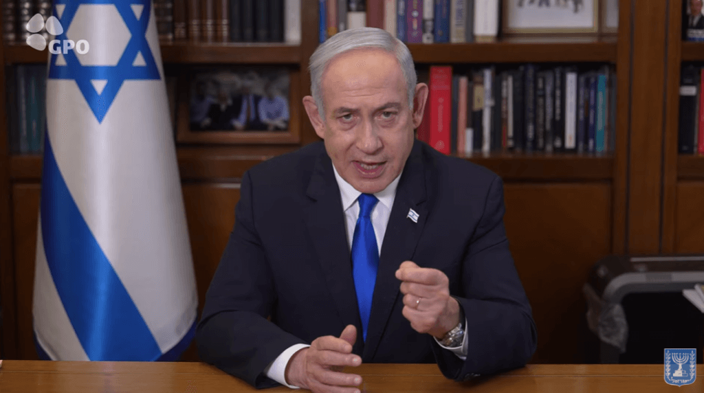 Screenshot of Netanyahu delivering the Hebrew statement addressing the ICC, May 20, 2024. (Photo: Screenshot from IsraelPM Youtube Channel/Government Press Office)