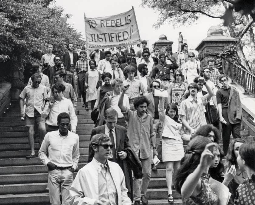 Students entering Morningside Park in April 1968 to protests Columbia's plans to build a gymnasium there. Photo by Hugh Rogers for Columbia College Today.