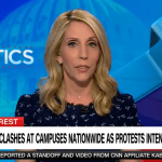 Screenshot from a May 1, 2024 report from CNN's Dana Bash on the Gaza protests on campuses around the U.S.