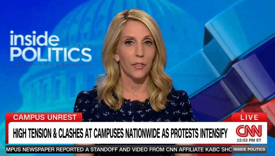 Screenshot from a May 1, 2024 report from CNN's Dana Bash on the Gaza protests on campuses around the U.S.