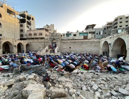 Palestinians hold Eid al-Adha prayers next to Al-Omari Mosque which was destroyed by Israeli air strikes, in Gaza City, Gaza Strip, on June 16, 2024. (Photo: Hady Daoud/APA Images)