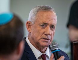 Then Israeli Defense Minister Benny Gantz speaks during a pre-election event at the Manufacturers Association of Israel, October 19, 2022. (Photo: Ilia Yefimovich/dpa via ZUMA Press/APA Images)