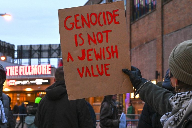 Activists at a demonstration against the pro-Israel singer Matisyahu in Philadelphia, on March 22, 2024. (Photo: Joe Piette/Flickr)