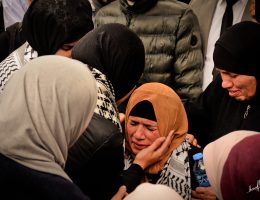 Mother of two students killed by Israeli forces in November 2022 at their mourning ceremony in Birzeit University, Ramallah. (Photo: Qassam Muaddi)