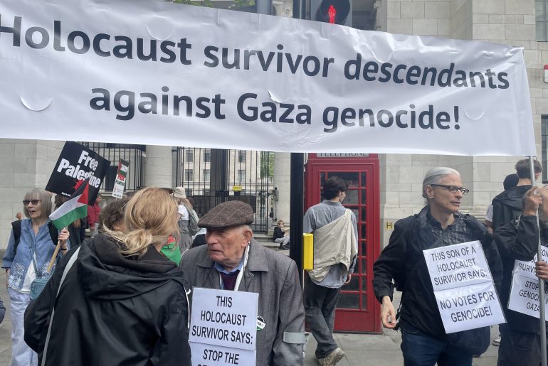 Holocaust survivors and their descendants at a protest in London opposing the Gaza genocide, May 2024. (Photo: X)