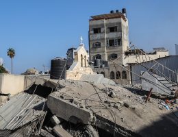 People inspect a destroyed building belonging to the Greek Orthodox Church in Gaza following an Israeli airstrike, on October 20, 2023. (Credit Image: © Mohammad Abu Elsebah/dpa via ZUMA Press APAimages)