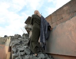 Palestinians inspect homes demolished by Israeli forces in the village of Kafr Dan in Jenin, in the West Bank, in January 2023. (Photo: Ahmed Ibrahim/APA Images)