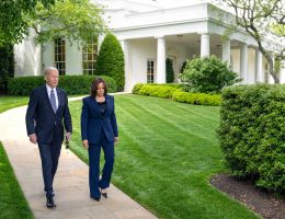 Joe Biden and Kamala Harris walk outside the White House, on May 5, 2023. (Official White House Photo by Adam Schultz)