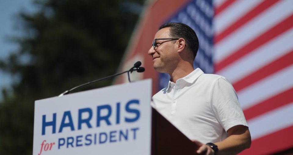 Pennsylvania Governor Josh Shapiro at a campaign event for Vice President Kamala Harris.