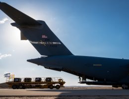 U.S. Air Force Airmen assigned to Ramstein Air Base, Germany, offload cargo to the Israeli military, Oct. 15, 2023, at Nevatim Air Force Base. The mission provided the Israeli military with additional resources, which included vital munitions. (Photo: U.S. Air Force Photo by Senior Airmen Edgar Grimaldo)