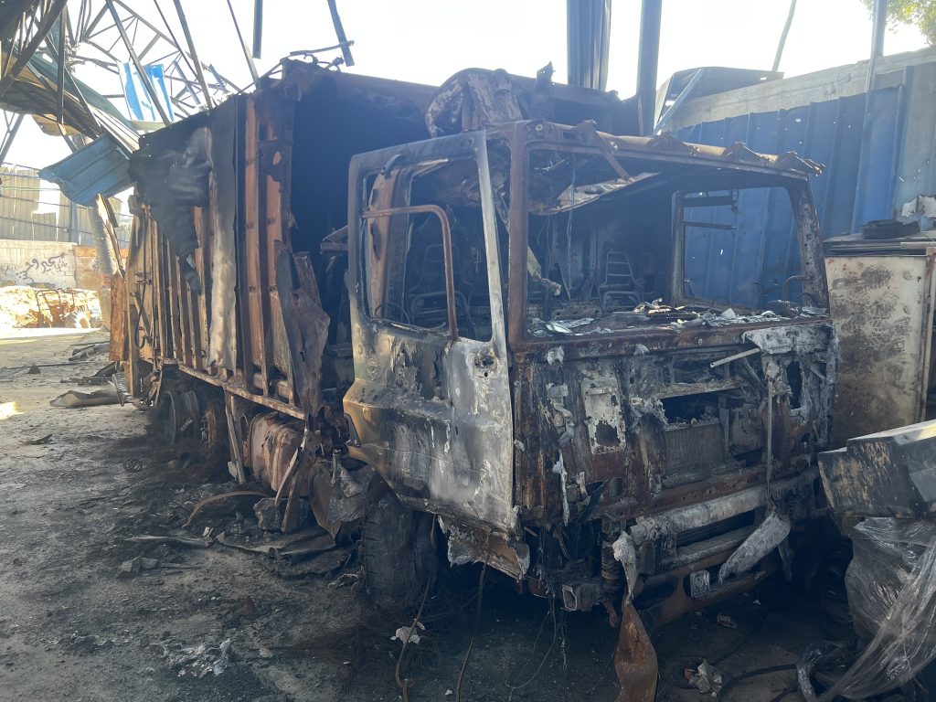 Burned garbage truck in Gaza City. (Photo courtesy of author)