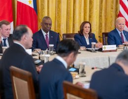 FILE: Joe Biden and Kamala Harris attend a trilateral meeting with the leaders of the Philippines and Japan on April 11, 2024.(Official White House Photo by Adam Schultz)