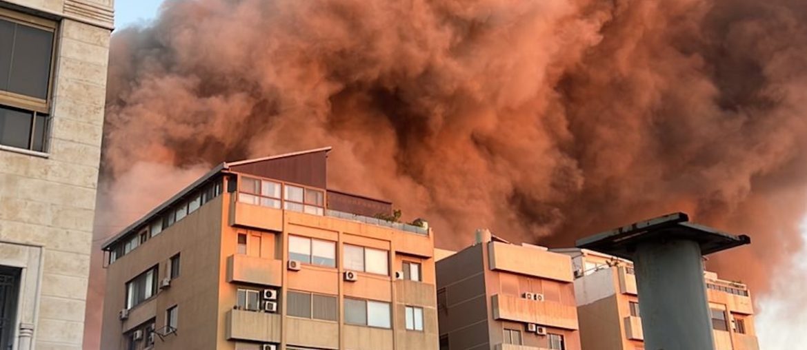 The aftermath of a massive Israeli attack in the Dahiya area of Beirut on September 27, 2024. Photo shared by Lebanese journalist Ahmad El Hajj on social media.